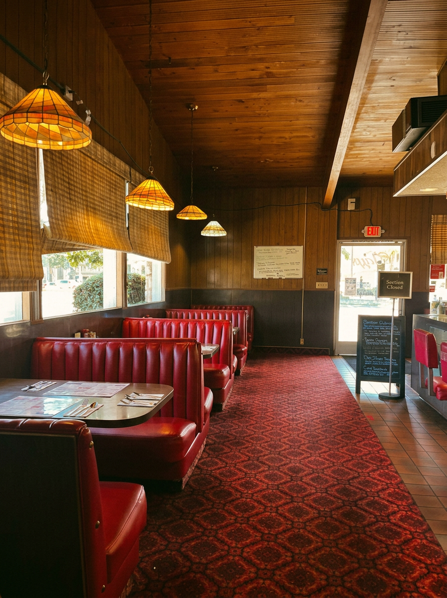A warm row of red booths beneath glowing vintage pendant lights