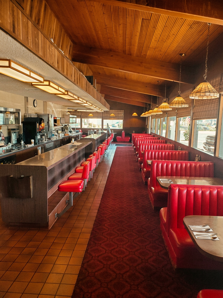 A clean view down the diner counter with red stools and booths