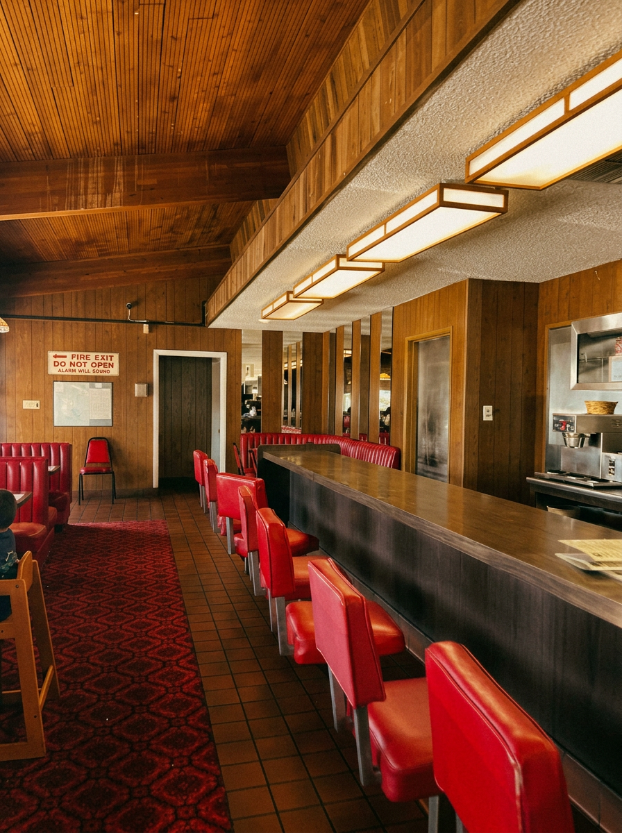 The diner counter lined with red stools and vintage wood paneling