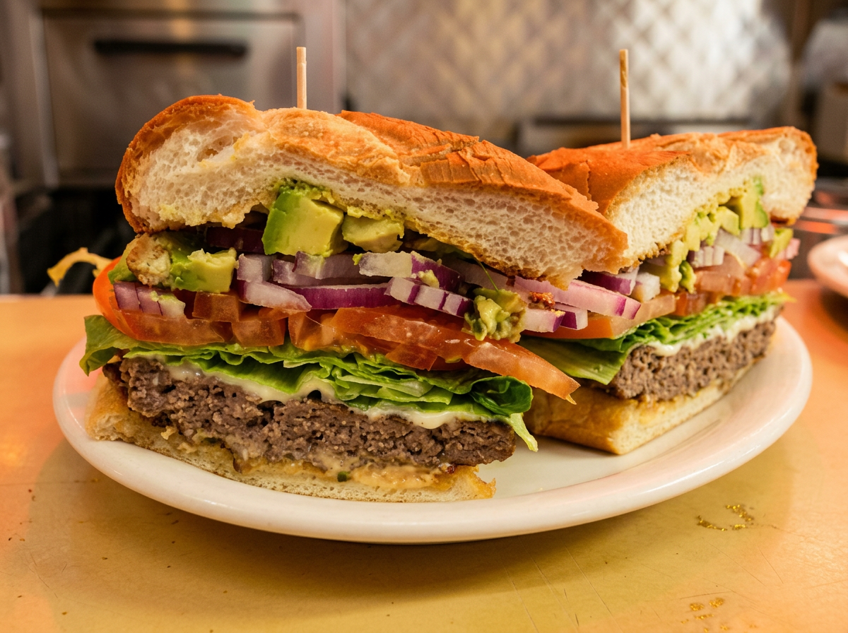 A stacked burger with avocado, tomato, lettuce, and red onion on a white plate